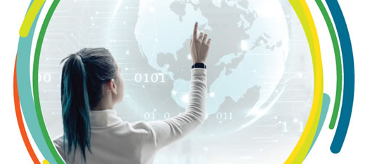 1990s - Futurist image with a lady pointing a globe