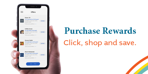 Hand holding a phone - Purchase Rewards Click, Shop and save